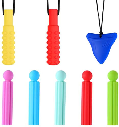 8 pcs kit mastication enfant avec embout stylo et collier, anti-stress, machouilleur enfant,collier de mastication,aide concentration enfant
