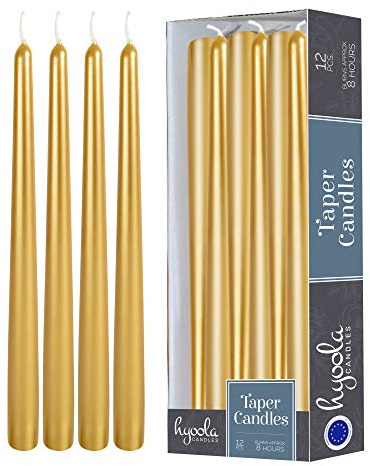 Hyoola Bougies Coniques Hautes - Bougies Haute Coniques Non Parfumées de 250 mm, Or Métallique, Durée de Combustion de 8 Heures - Paquet de 12 Bougies Inodores