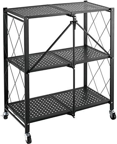 Maclean MC-897 Faltbares Regal mit Rollen 3 Ebenen Multifunktional Mobile Aufbewahrungsregal Bücherregal Büroregal Lagerregal Metall Schwarz 680x710x380mm