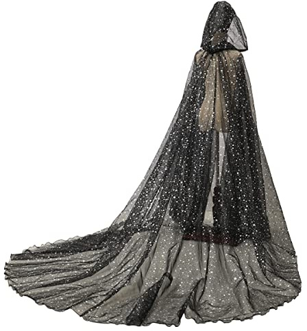 GRACEART Mantello da sposa con cappuccio mantello lungo posteriore da sposa tulle elfo abito cappella velo mantilla, Nero-1, Taglia unica