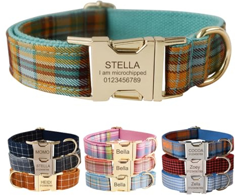 Personalized Dog Collar with Metal Buckle - Personalized Pet Collars with Name and Phone Number (Plaid)