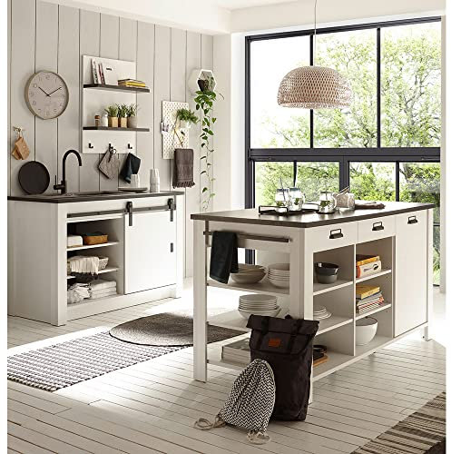 Lomadox Küchenmöbel Küchen Set, Pinie weiß Nb. mit anthrazit, Spültisch ca.133cm mit Schiebetür, Kücheninsel inkl. Softclose und Wandregal mit 3 Haken
