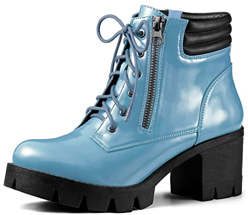 Allegra K Women's Round Toe Chunky Heel Lace Up Zipper Sky Blue Combat Boots 7 M US