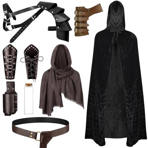 PLULON 9 Pezzi Costume da Cavaliere Medievale Uomo Mantello con Cappuccio Scialle Cintura in Pelle Mezza Spalla Armatura Fibbia Bracciali Spada Rana Rinascimento Accessori retrò