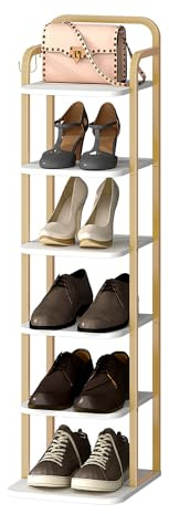 Hzuaneri Vertical Shoe Rack, Shoe Shelves, Wood Shoe Organizer for Closet, Entryway, Shoe Tower for Small Spaces, Free Standing, with 2 Hooks, White Gold, 6 Tier(26.5Wcm) SR04213A