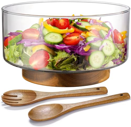 NiHome Salatschüssel Glas Set mit Salatzange aus Akazienholz, Salatschüssel Groß und erhöhter Stabilität, vielseitige Servierschale für Salate, Obst, Hauptgerichte