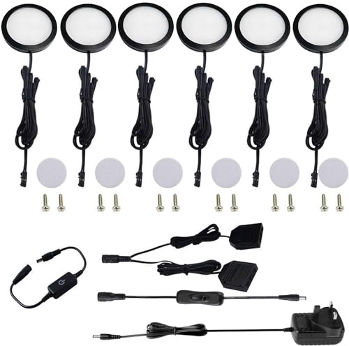 AIBOO Under Cabinet LED Black Cover Puck Lights Kit with Touch Dimmer Switch for Kitchen Cupboard Closet Lighting (6 Lights,Warm White)