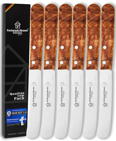 Fachwerk-Messer Buckelsmesser 6er-Set mit Handabzug/Glatt - Testsieger - Frühstücksmesser aus Solingen/Germany - Brötchenmesser/Brotzeitmesser Olivenholz