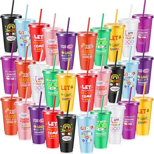 Uiifan 30 Pcs Bulk Easter Christian Cups Gifts for Kids, 24oz Plastic Religious Jesus Cups with Bible Verse, Sunday School Gifts for Kids Children (Multicolor)