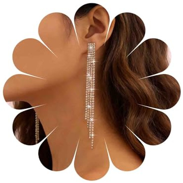 Katshdan Boucles d’Oreilles Pendantes Dorées Femme Franges Strass | Paire de boucles d’oreilles en alliage doré composée de chaînes de strass de longueurs variées. Parfait pour mariages