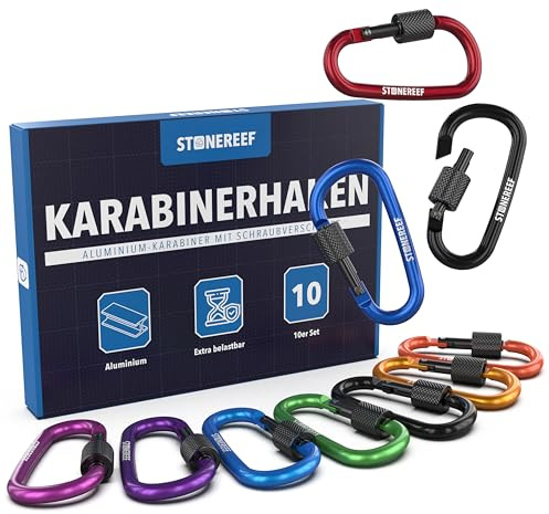 STONE REEF 10er-Pack Mini Karabinerhaken (75 x 42 mm) - Aluminium Karabiner Klein mit Schnappverschluss - Vielseitig einsetzbar für Camping, Reisen, Wandern, Rucksack & Schlüsselanhänger