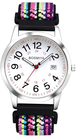 JewelryWe Uhr mit Geflochten Elastischem Stoffarmband: Damen Herren Kalender Analog Quarz Armbanduhr Farbig Boho Gewebt Stretcharmband Senioren Uhr mit 12/24 Stunden Großen Zahlen Zifferblatt