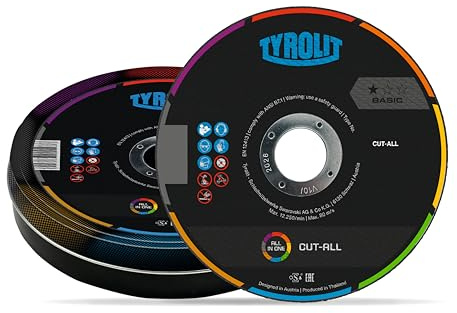 TYROLIT BASIC CUT-ALL Universal Cut-Off Wheels, All Purpose Angle Grinder Discs, PVC, Stone and Metal Cutting Discs, 125 x 1.6 x 22.23 mm, Tin of 10