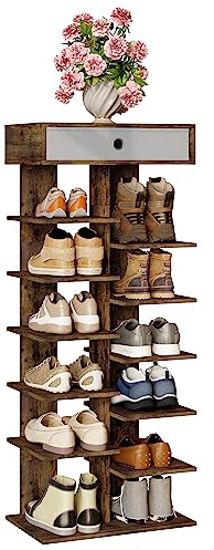 WOLTU Étagère à Chaussures à 12 Niveaux avec Tiroir, Finition Effet Bois Vintage, Porte-Chaussures Vertical en Bois d’Ingénierie, 49,5 × 118 × 30 cm
