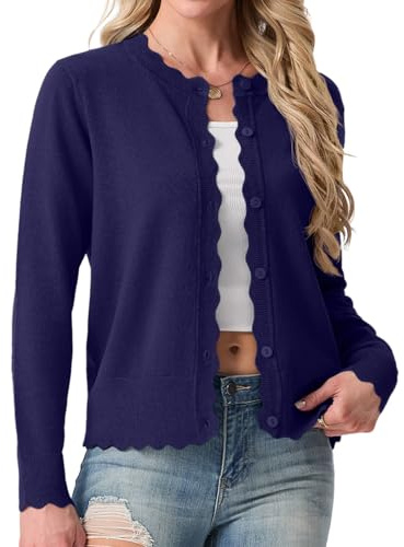 GRECERELLE Cardigan en tricot à col rond léger à manches longues pour femme avec boutons festonnés pour robe d'été, soirée, mariage, bleu marine, L