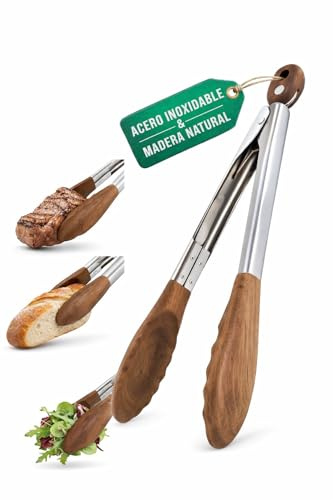 Pinzas Cocina de Acero Inoxidable y Madera de Nogal, 30 cm, Resistentes al Calor, Ideales para Parrilla BBQ, Cocinar y Servir, No Rayan Sartenes. (30 CENTIMETROS), CAMBLA
