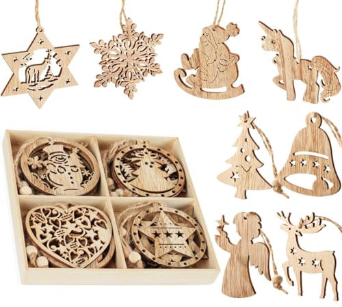 ilauke Weihnachtsbaumschmuck Holz Weihnachtsbaum Deko12tlg. Christbaumschmuck Handgemachte Weihnachtsdeko Anhänger für Weihnachten Weihnachtsbaum Schneemann Angel Einhorn Herz Glocken in Holz-Box