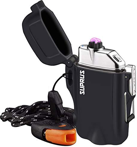 SUPRUS Waterproof 3 Modes of Flashlight Windproof Lighter Dual Arc Electric Rechargeable Dual Arc Plasma Lighters with Survival Emergency Whistle and Lanyard
