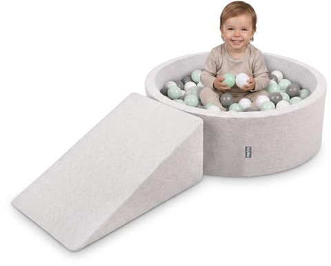 KiddyMoon Spielplatz mit bällebad 90x30cm und Rampe 100 Bälle 7cm Schaumstoff ballgrube für Baby und Kleinkinder - Hellgrau: Weiß Grau Minze
