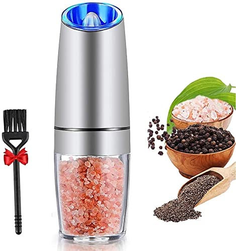 sdlogal Gravity Electric Pepper Grinder, Battery Salt Pepper Grinder, Automatic Salt and Pepper Mills with Blue Light, Adjustable Coarseness, One Handed Operation, Cleaning Brush(Silver, 1pcs/Pack)