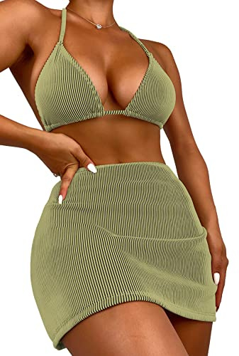 SweatyRocks Women's 3 Piece Zebra Striped Bikini Swimsuit Set & Beach Skirt Set Bathing Suit Olive Green L