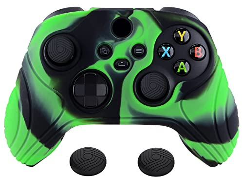 eXtremeRatePlayVital Samurai Edition Anti-Slip Controller Grip Silicone Skin, Ergonomic Soft Rubber Protective Case Cover for Xbox Series S/X Controller with Black Thumb Stick Caps - Green & Black