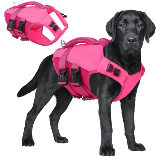 ASENKU Giubbotto Salvagente per Cani con Maniglia di Salvataggio, Giubbotto Salvataggio Cane con Elevata Galleggiabilità, Giubbotto di Sicurezza Cane Leggero Ripstop con Strisce Riflettenti Rosa 2XL