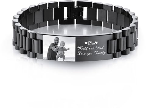 INBLUE Bracciale Personalizzato per Papà Uomo - Inciso Nomi Testo Foto Bracciale a Maglie da Uomo Regalo per Compleanno Anniversario Padre Marito Nonno Figlio Fidanzato (A1: Nero)