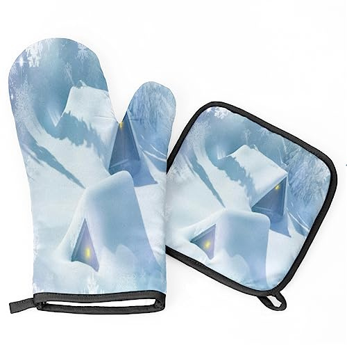 Snow Hut Oven Mitts and Potholders, Non-Slip Heat Resistant Soft Lining Good Grip Oven Mitts Set for Cooking BBQ Baking Kitchen Microwave (2-Piece Set)