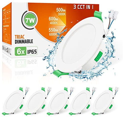 ALUSSO Spot LED Encastrable Dimmable 230V 7W Spot Plafond 3000K 4000K 6500K Étanche IP65 Réglable Plafonnier Encastré pour Salle de Bain, Salon, Lot de 6, Rond, Blanc