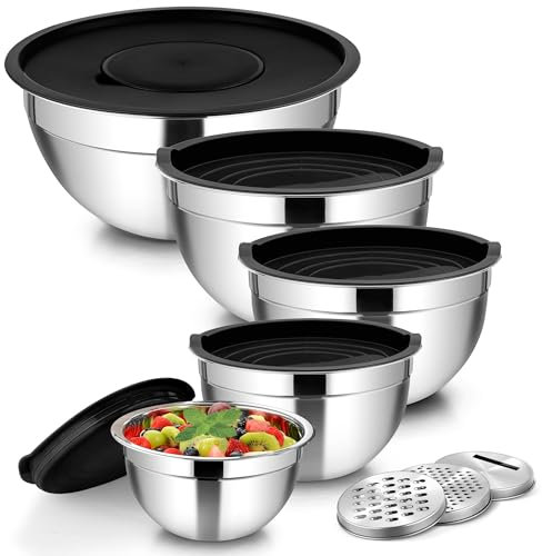 Homikit Rührschüssel, 5-TLG Edelstahl Schüssel Salatschüssel Set mit Luftdichtem Deckel & 3 Reibenaufsätzen zum Mischen Verrühren, 4,6L/2,8L/1,6L/1,2L/0,7L & Stapelbar, Spülmaschinenfest, Schwarz