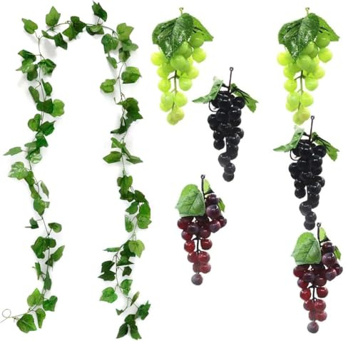 LATRAT 7 uvas de plástico, decoración de uva realista, frutas artificiales y verduras, decoración para vino, soporte de frutas artificiales, decoración de oficina de jardín, accesorios para fotos