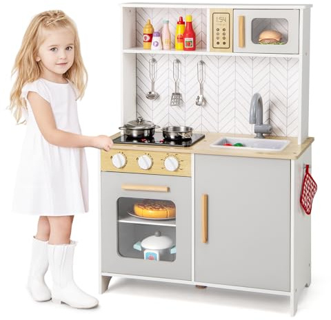 COSTWAY Cucina Giocattolo con Fornelli a Suoni e Luci Reali, Cucina per Bambini in Legno con Lavandelo Estrabile, Microonde e Forno, Set Cucina con Accessori, per 3+ Anni, 60 x 30 x 85 cm (Bianco)
