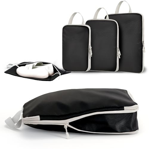 MEUVO Compression Packing Cubes for Suitcases – 4 Pack Suitcase Organiser Bags, Durable Luggage Organizer Bags for Suitcase or Backpack, Black