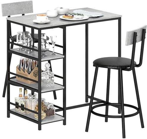 HOMCOM Ensemble Table de Bar avec tabourets, Table à Manger Debout avec 2 chaises de Bar, avec étagères, pour Salle à Manger, Cuisine, Gris et Noir