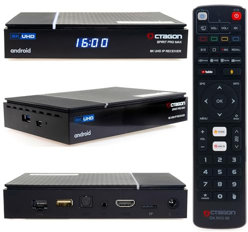 [Test SEHR GUT *] Octagon Spirit PRO MAX 8K Android TV Box, Dual Band WiFi WLAN, Bluetooth Fernbedienung, Sprachsteuerung, HDR10+, HLG, 4GB RAM & 64GB Flash, TV IP Receiver, Bluetooth 5.1, 4K UHD