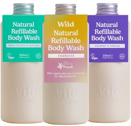 Wild Natural Refillable Body Wash 300ml - 3 Pack of Shower Gel Refills in a Variety of Scents - Includes Coconut & Vanilla, Fresh Cotton and Energise Scents