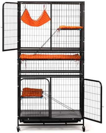 LeFluffy Cat Cage, Small Animal Cage with Wheels, Cat House Enclosure 83 x 60 x160 cm for Indoor Outdoor, Metal Catio with Hammock, Platforms, Removable Tray, Cushion for Rabbit, Ferret
