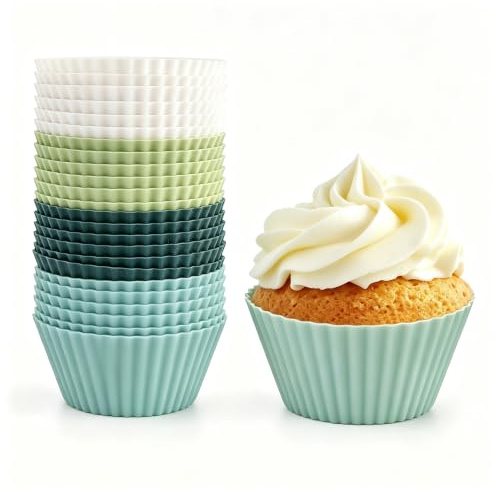 24pcs Silicone Muffin Cases,Round Silicone Baking Cups,Reusable Cake Moulds,Nonstick Cupcake Cases for Pudding Tray,Cupcake Tin,Bun Pan,4 Color Muffin Liners Pastry Molds