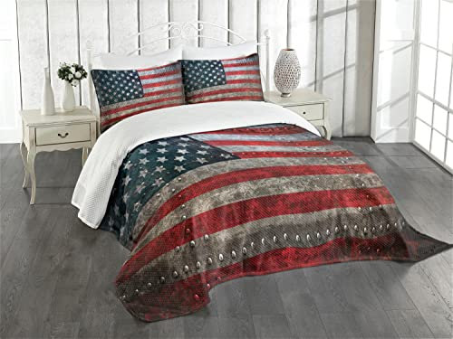 ABAKUHAUS Amerikanische Flagge Tagesdecke Set, US-Flaggen-Platte, Set mit Kissenbezügen Klare Farben, für Doppelbetten 220 x 220 cm, Rot Grauen