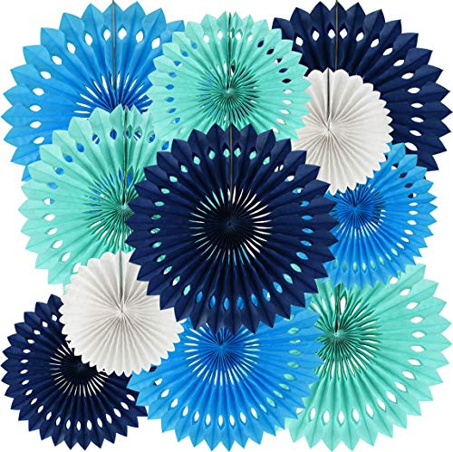 Juego de decoración de fiesta de cumpleaños bajo el mar, abanicos de papel de panal azul y blanco, abanicos de papel redondos para niños, decoración de cumpleaños del océano, baby shower, boda, fiesta