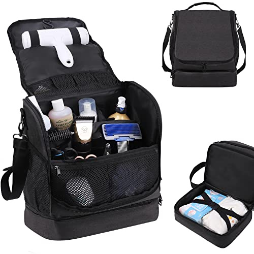 TEFGTER Dog&Cat Grooming Supplies Bag, Adjustable Compartments Wall Mounted Pet Travel Bag with Poop Bag for Pet Groomers, Storage Wipes/Hair Remover/Nail Trimmer/Clippers/Brush/Comb/Shampoo