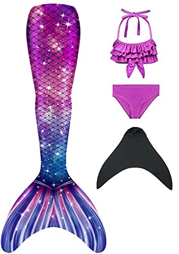 NAITOKE meerjungfrauenflosse mädchen Badeanzug - Meerjungfrau Flosse Bademode mit Bikini Set und Monoflosse Mermaid Tail, 4 Stück Set, XQSAN,140