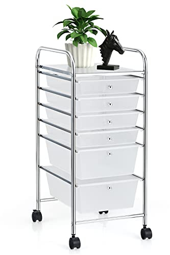 GOPLUS Chariot de Rangement à Roulettes Verrouillable 6 Tiroirs Amovibles, Desserte à Roulettes Mobile avec Plateau et Poignée Latéral, Silencieux, Cadre en Métal, 37x32,5x74,5CM, pour Chambre, Bureau