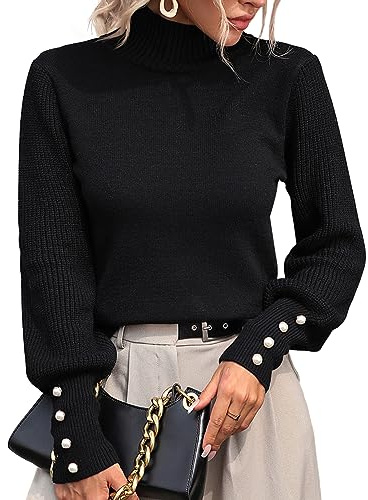 Upopby Women's Fall Winter Turtleneck Sweaters for Women 2025 2026 Trendy Lantern Sleeve Knitted Pullover Sweater Jumper Tops Black L