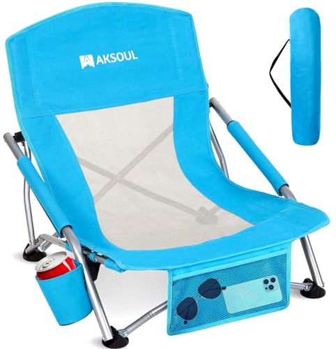 Folding Low Beach Chair for Adults: Portable Lightweight Low Back Chairs with Packable Bag - Foldable Wide Seat Sand Chair for Outdoor Concert Lawn Ground Camping Backpack Travel