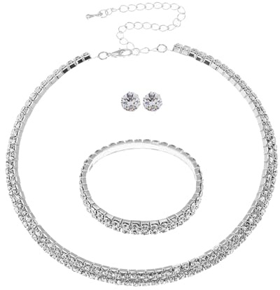 BKEPDY 3 Piezas Joyas de Mujer Collar de Diamantes de Imitación Pendientes Pulsera Joyas con Estilo y Elegante Regalo para Amante Madre o Amigo