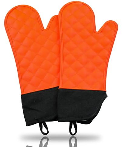 GEEKHOM Gants de four, gants de cuisine en silicone, gants de barbecue résistants à la chaleur, antidérapants, imperméables, gants de cuisson pour la cuisine, le barbecue, la pâtisserie, orange