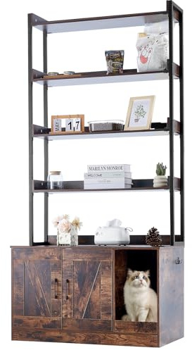 VEVOR Muebles de Baño Oculto para Gatos 85 x 49 x 183,6 cm Casa de Inodoro para Gatos con 4 Estantes de Almacenamiento Armario de Madera para Ocultar Las Cajas de Arena para Gatos, Marrón Oscuro