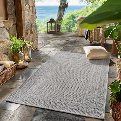 SIMPEX Outdoor Teppich Wetterfest Grau 80x150 cm Läufer, UV-beständig, ideal für Küche, Balkon, Terrasse auch Wohnzimmer und Esszimmer, Einfarbiges Design mit Bordüre, Pfelgeleicht